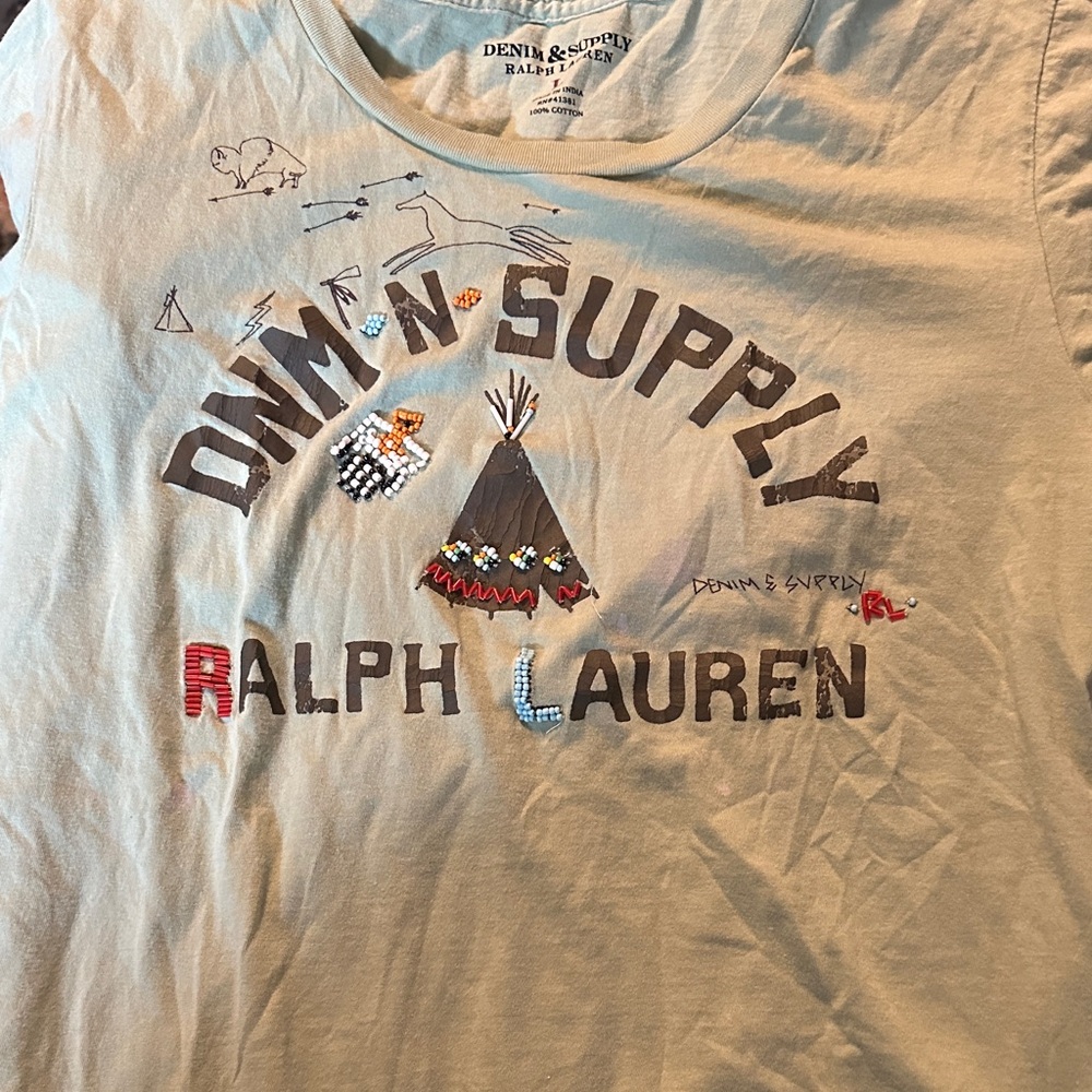 Ralph Lauren moss green Graphic Tee with Embellished Tribal Motif